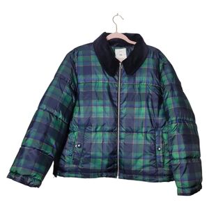 Free Assembly Corduroy Collar Puffer Jacket Green Blue Plaid XL